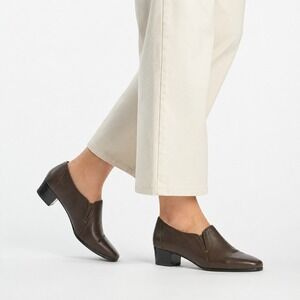 David Tate Leather Low Top Loafers Women's Size 8.5N Brown Square Toe Block Heel